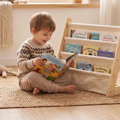 Bibliotheque enfant tissu beige